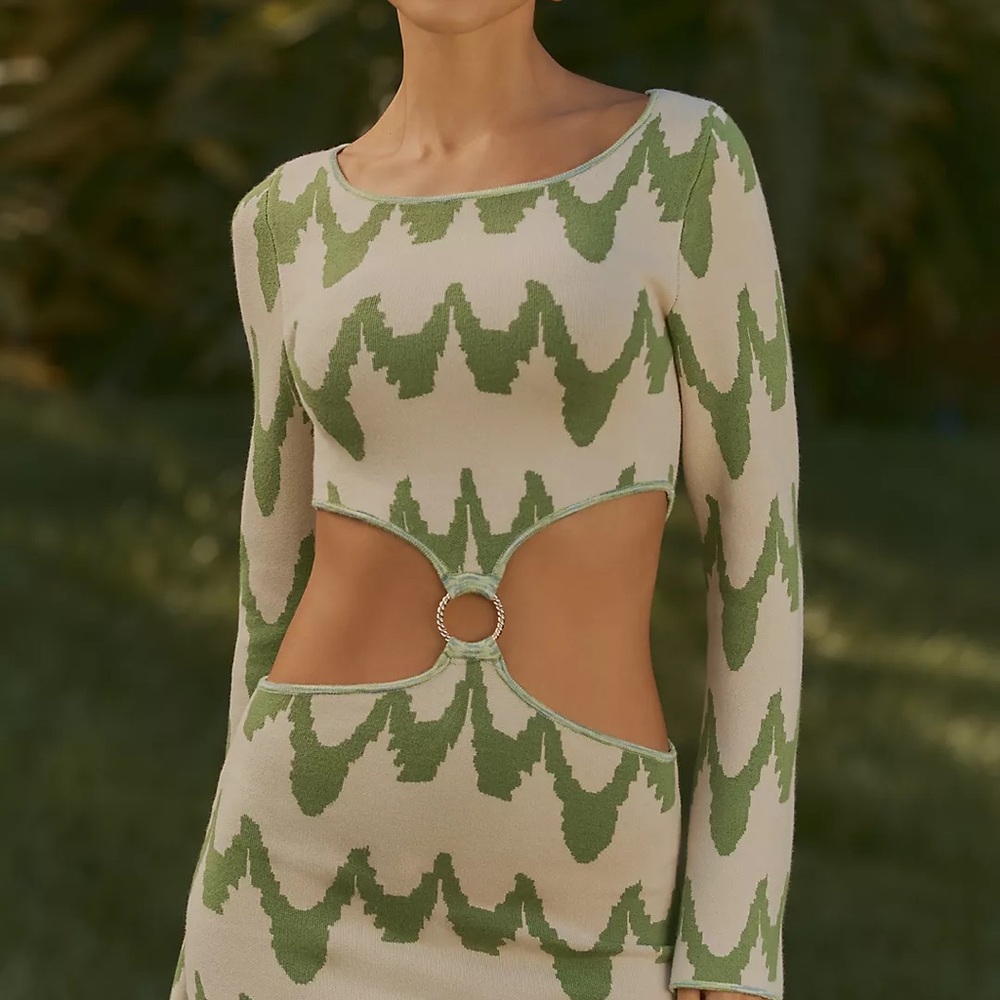 Anthropologie Celandine Green and Cream Cut-Out Long Sleeve Dress